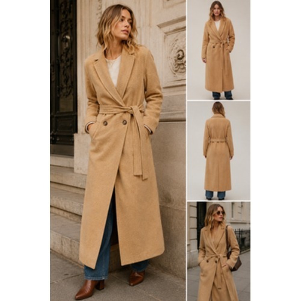 Free People Camel Wool‎ Blend Long Belted Wrap Coat Womens SP Maxi Coat